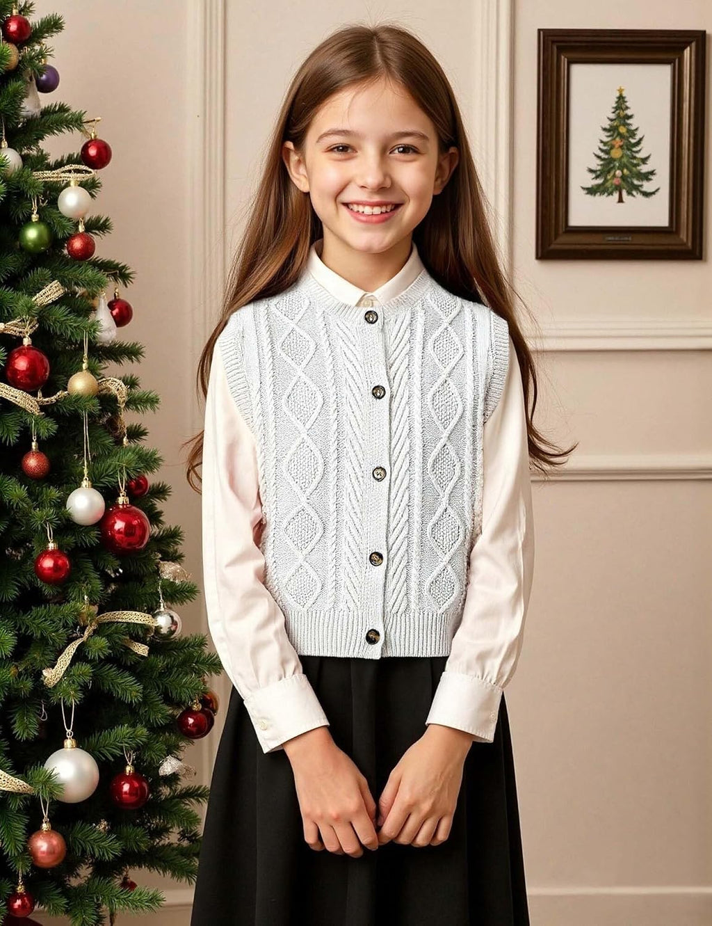 Kid Girls Sweater Vest Sleeveless Button Down Knit Cardigan School Uniform Sweater Vest Top 5-13Y
