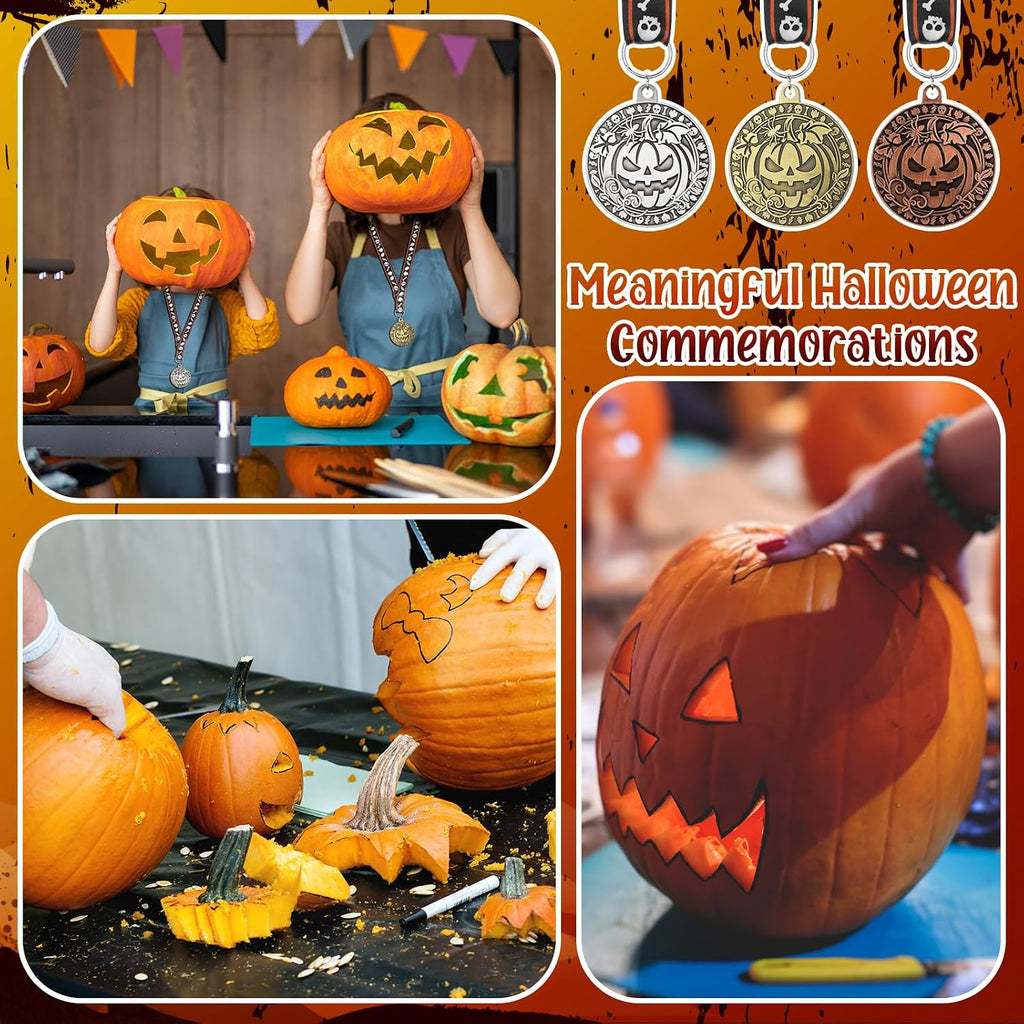36 Pcs Halloween Pumpkin Medals Bulk 2 Inch Metal Halloween Awards Medals Pumpkin Trophy with Neck Ribbons, Gold