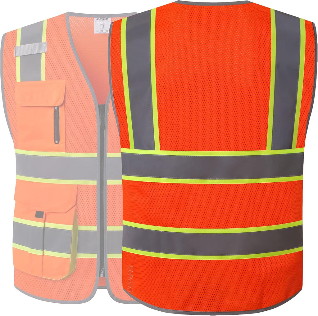 Safety Vest for Men Women Hi Vis Reflective Tapes JK140 Orange L | 9 Pockets, ANSI Standards Class 2 with 4