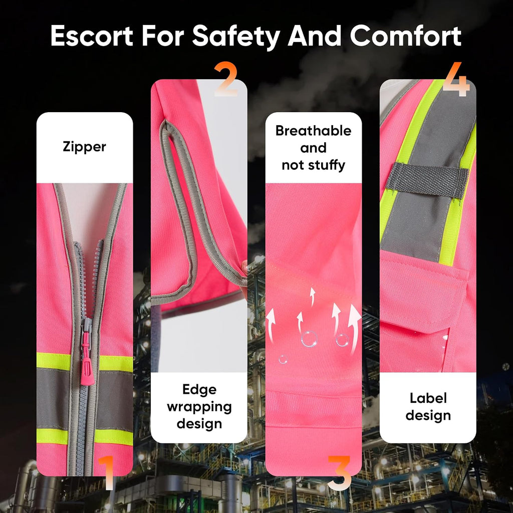 Hi Vis Safety Vest for Women, Working Drawstring waist Construction Vest with Pockets and Zipper, Womens Safety Vest