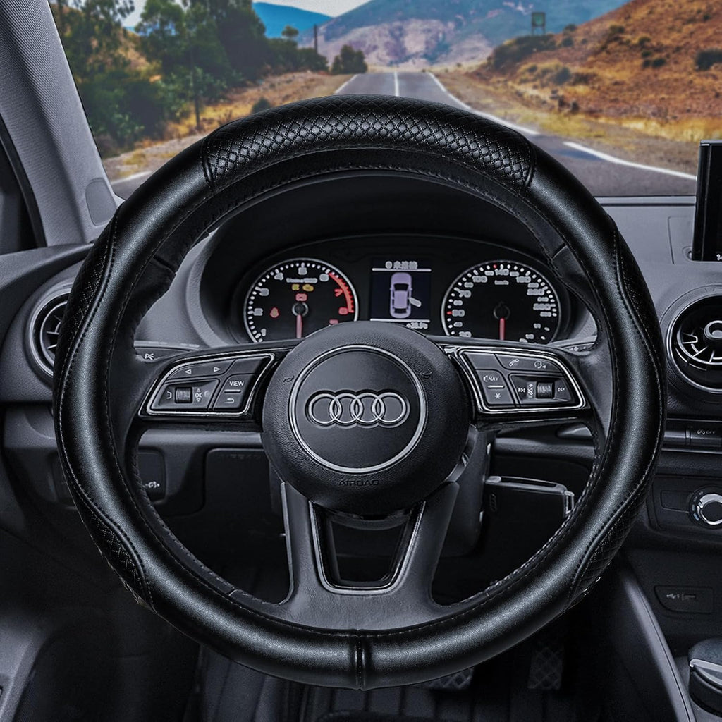 Heavy Duty Pure Cowhide Steering Wheel Cover, Genuine Leather Steering Cover with 15 Inches Universal Fit