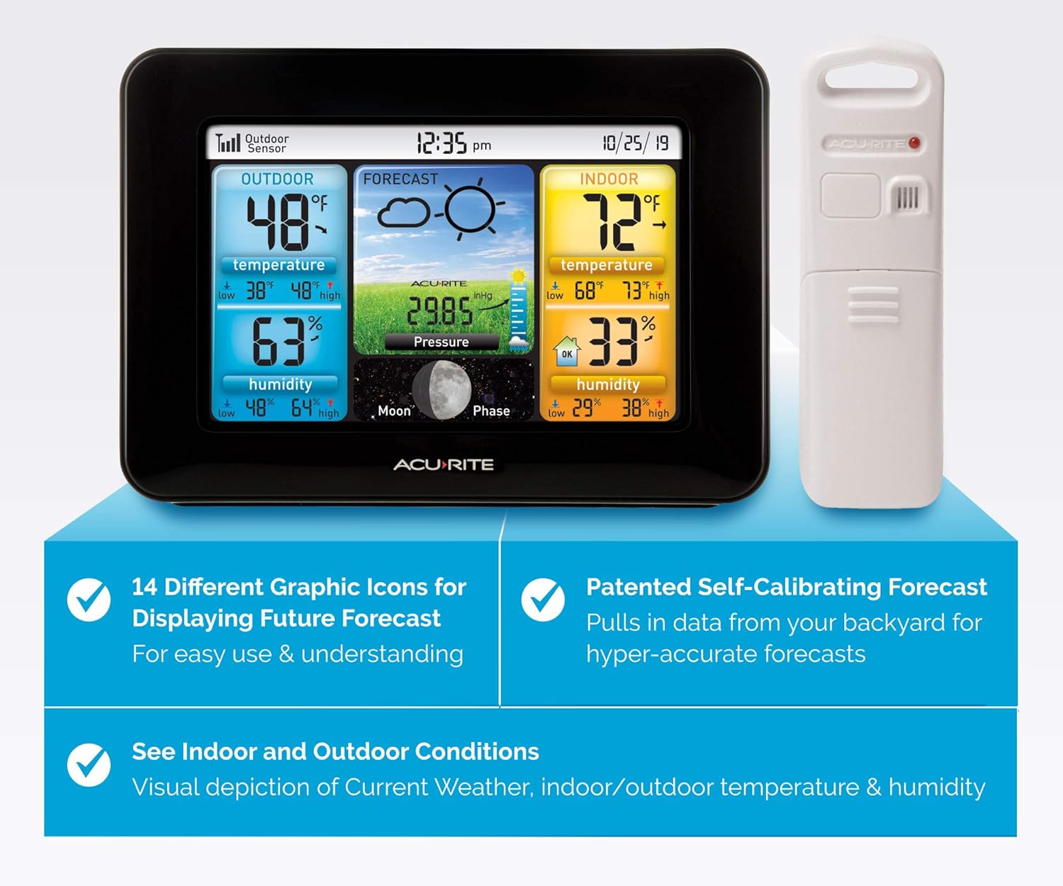 Wireless Home Weather Station with Color Display, Indoor Outdoor Thermometer and Temperature Sensor (02077M)