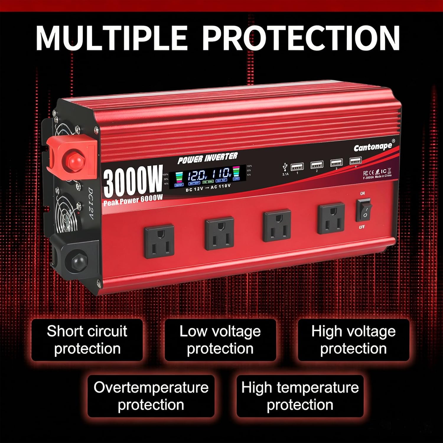 3000W Power Inverter 12V to 110V/120V DC to AC with LCD Display | Remote Controller 4 x AC Outlets and 4 x 3.1A USB