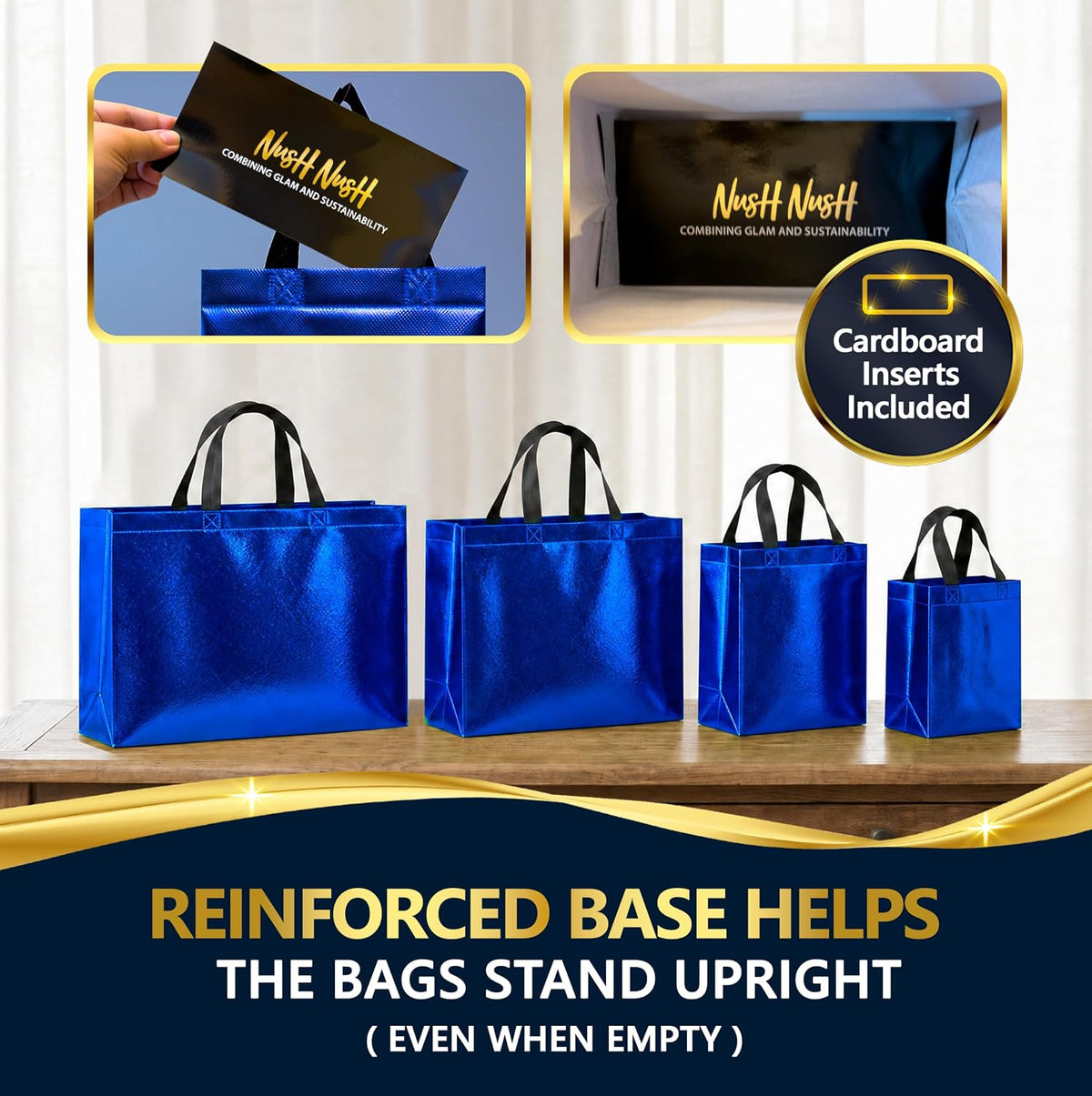 12 Reusable Blue Gift Bags with Handles, 4 Assorted Sizes