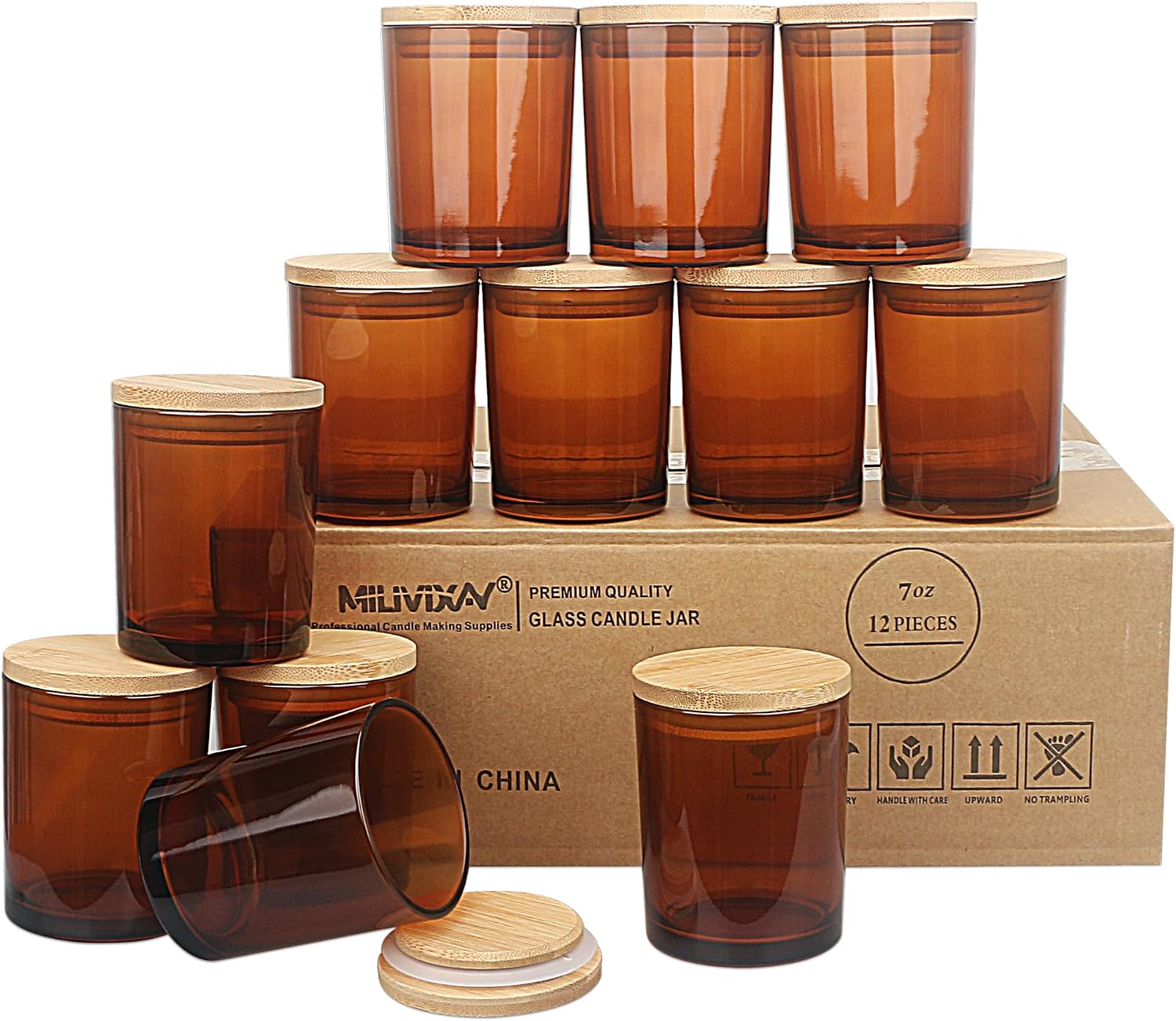 12 Pack 7 OZ Amber Thick Glass Candle Jars with Lids - Bulk Empty Candle Jar for Making Candles - Spice, Powder