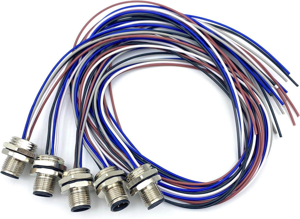 5Pcs M12 5 Pin A Code Male Connector Cable, IP67 Waterproof Panel Rear Mounting Panel Receptacles Straight Non-Shield Aviation Socket Electrical Cable Back Mount Sensor 125V 4A (1.64ft/0.5Meter)