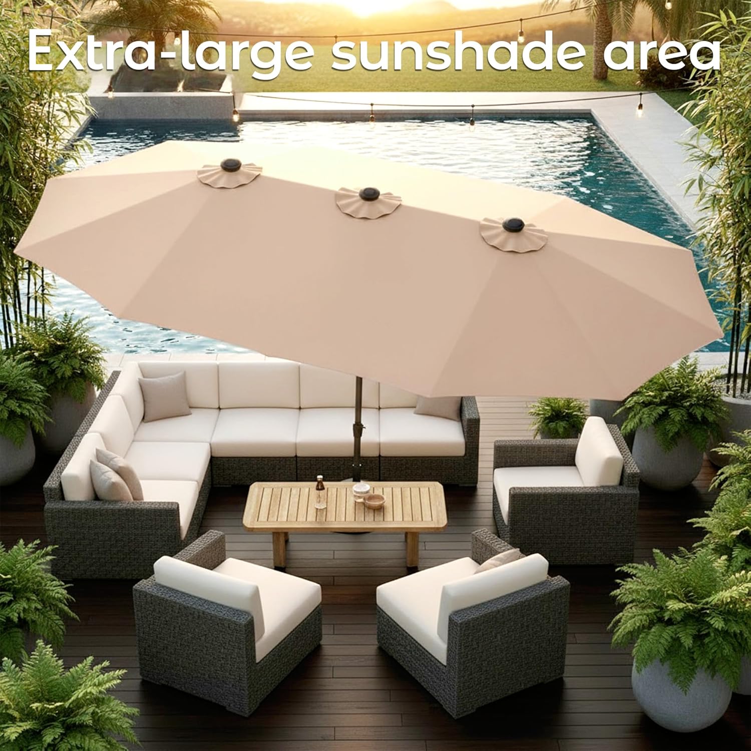 15ft Patio Umbrella with Base,Large Outdoor Double-Sided Rectangle Umbrella with Crank Handle, Market Umbrella for