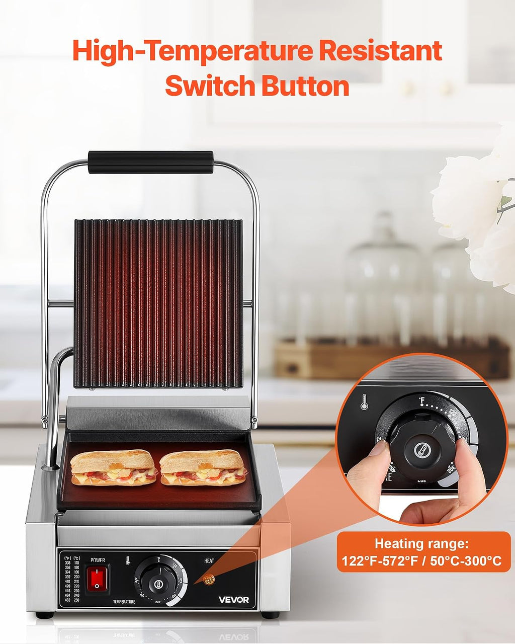 Commercial Panini Grill, 1800W Electric Sandwich Panini Maker, Stainless Steel Sandwichs Press Grill with Handle and