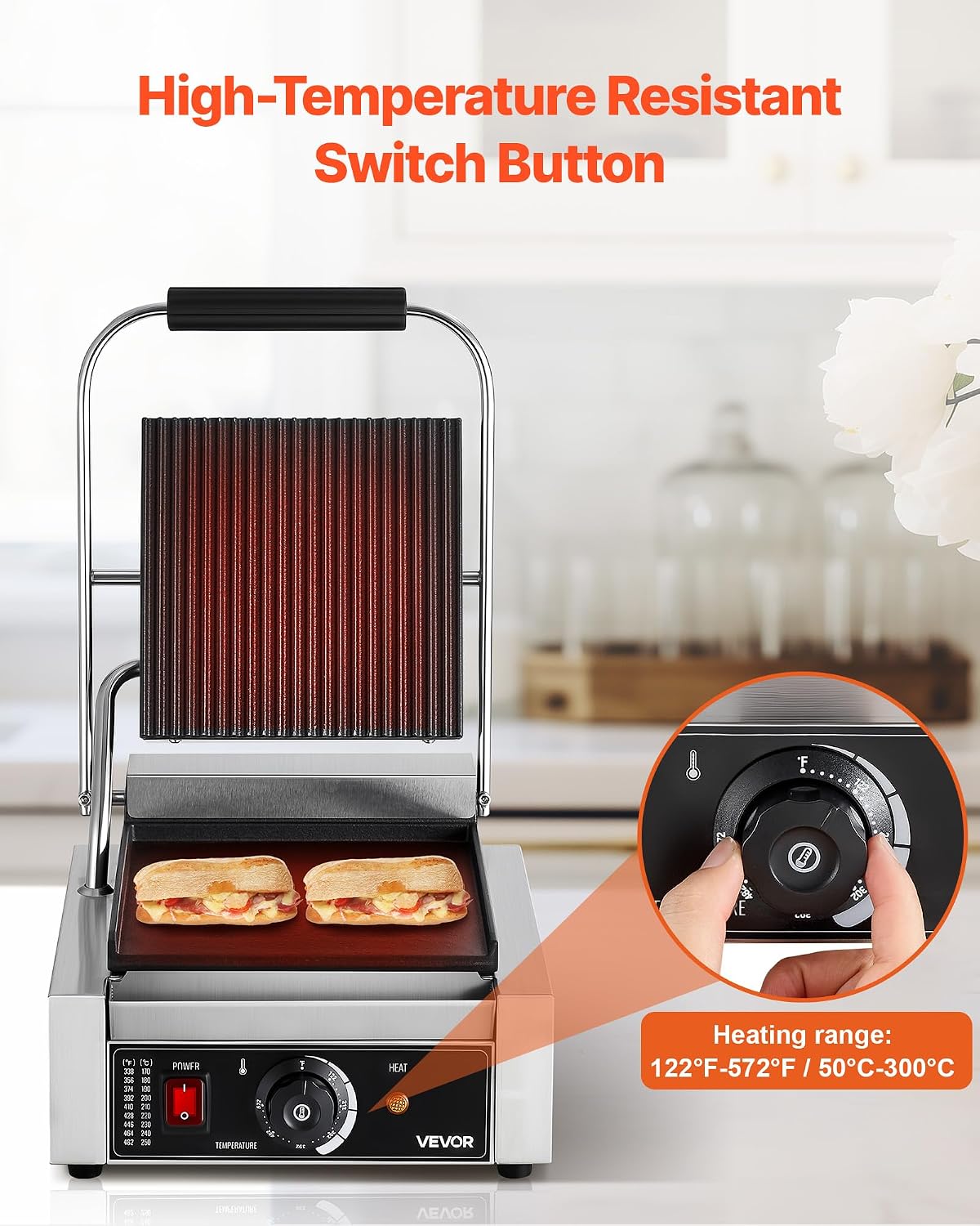 Commercial Panini Grill, 1800W Electric Sandwich Panini Maker, Stainless Steel Sandwichs Press Grill with Handle and
