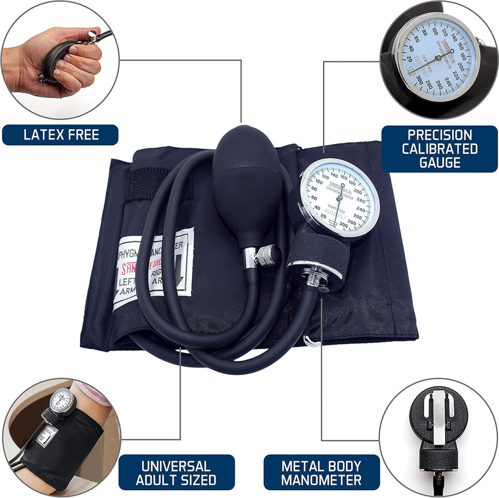 Adult Deluxe Aneroid Sphygmomanometer - Professional Blood Pressure Monitor with Adult Black Cuff and Carrying case