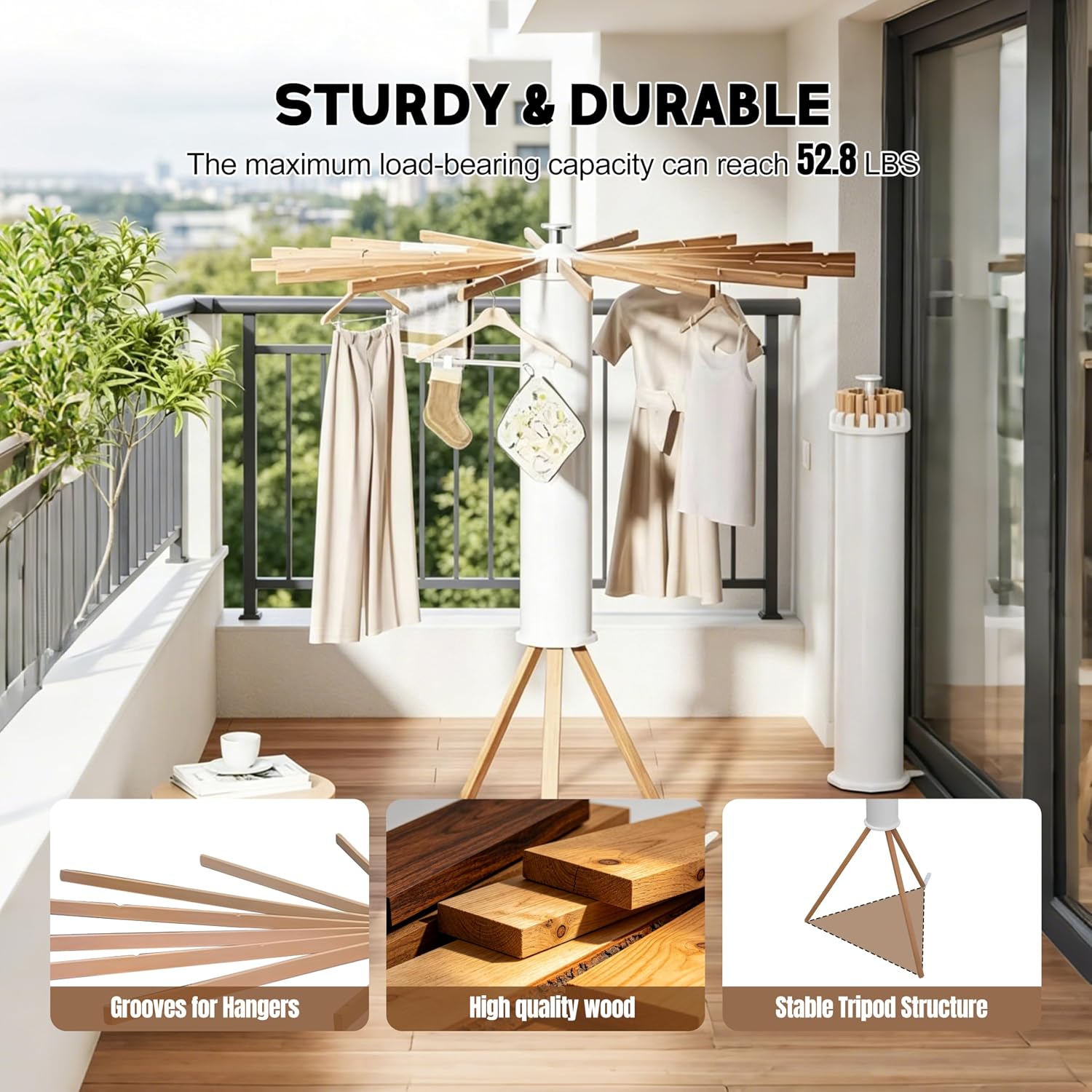 Clothes Drying Rack Foldable, Rotary Tripod Laundry Drying Rack,16 Wooden Poles,Rotatable Portable Floor Standing