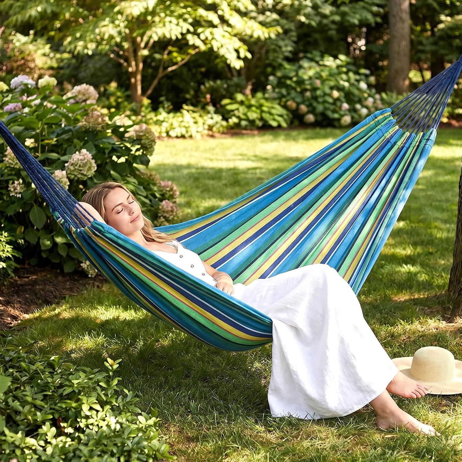 Cotton Camping Hammock Portable with Tree Straps Holds 660lbs | Breathable Weave,Hanging Sturdy Hammocks with Carry
