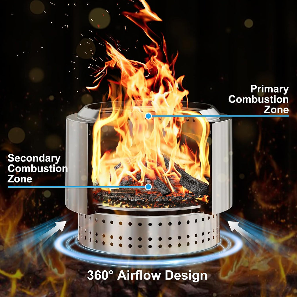 19.5 inch Smokeless FirePit with Waterproof Bag & Poker, Stainless Steel Outdoor Smokeless Fire Pit, Wood Burning