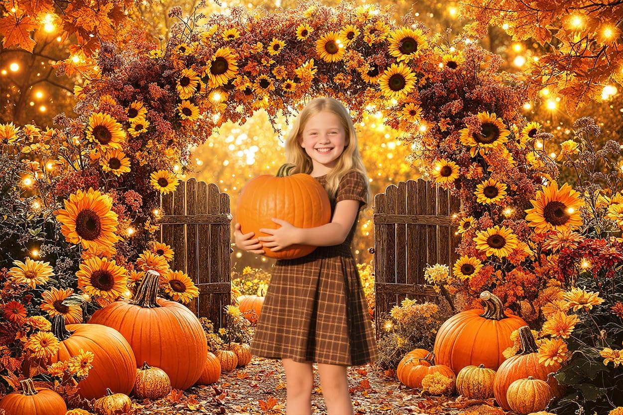 7 x 5 ft Fall Backdrop Autumn Sunflower Arch Forest Leaves Pumpkins Scenery Rustic Trail Harvest Photography