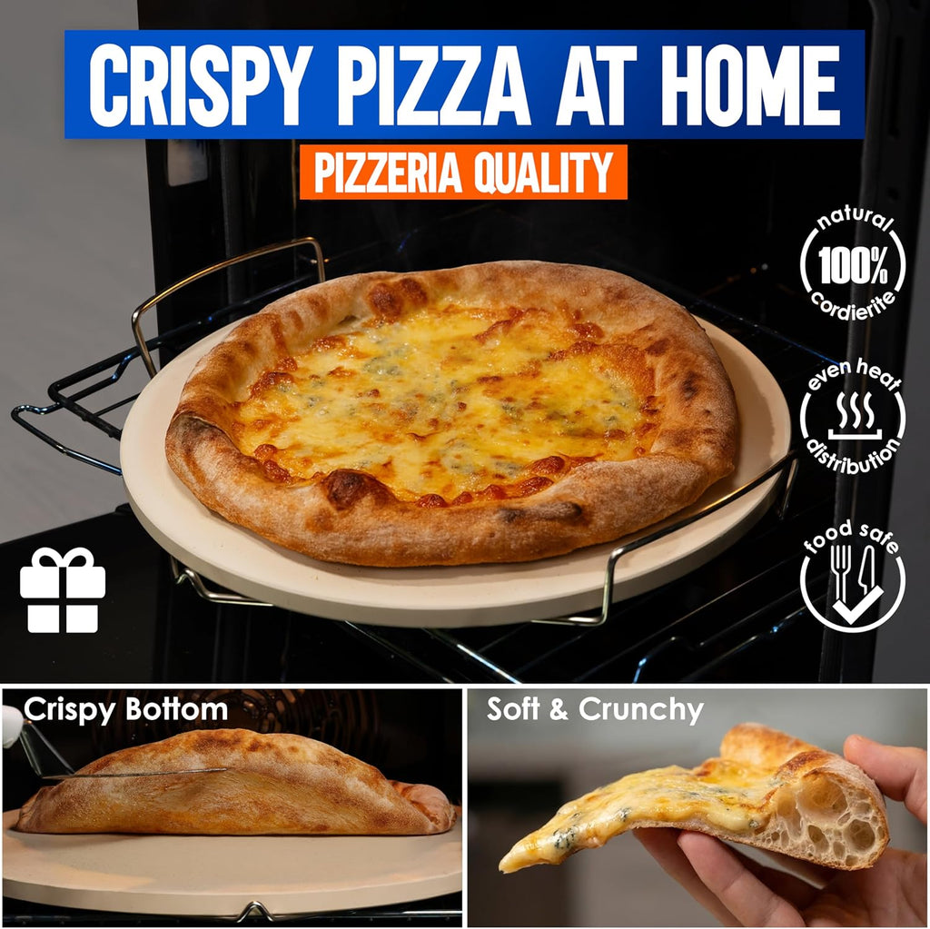 14-inch Pizza Stone for Oven and BBQ Grill with Handles, Round, 5/8" Thick - Natural Cordierite, 1800 °F Resistant