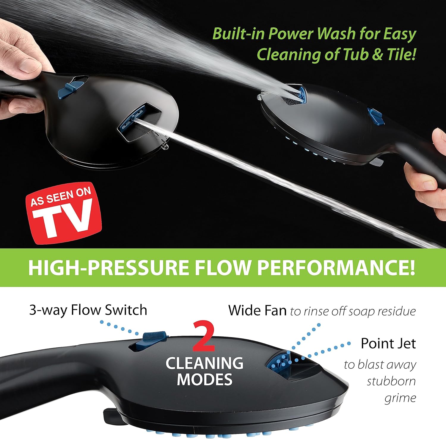AquaCare High Pressure 8-mode Handheld Shower Head - Anti-clog Nozzles, Built-in Power Wash to Clean Tub, Tile &