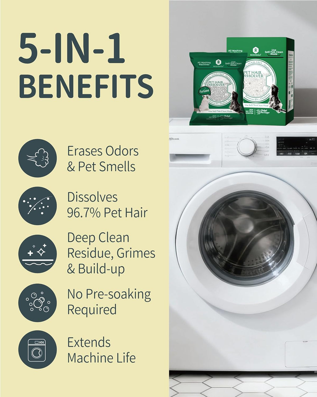 Pet Hair Dissolver Washing Machine Cleaner Powder, 4 Sachets