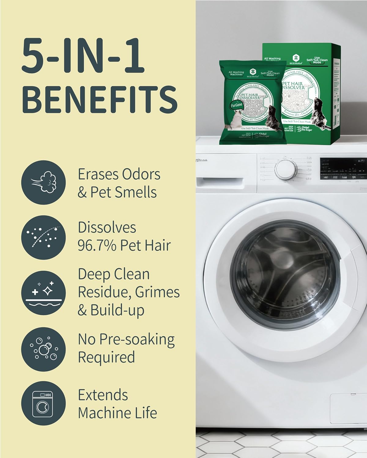 Pet Hair Dissolver Washing Machine Cleaner Powder, 4 Sachets