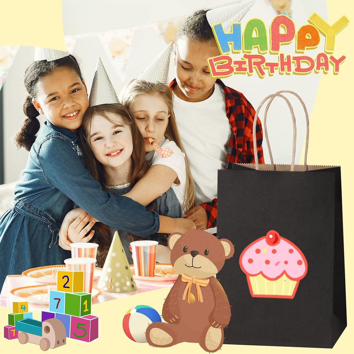 45Pcs Black Paper Bags with Handles, Assorted Sizes Gift Bags Kraft