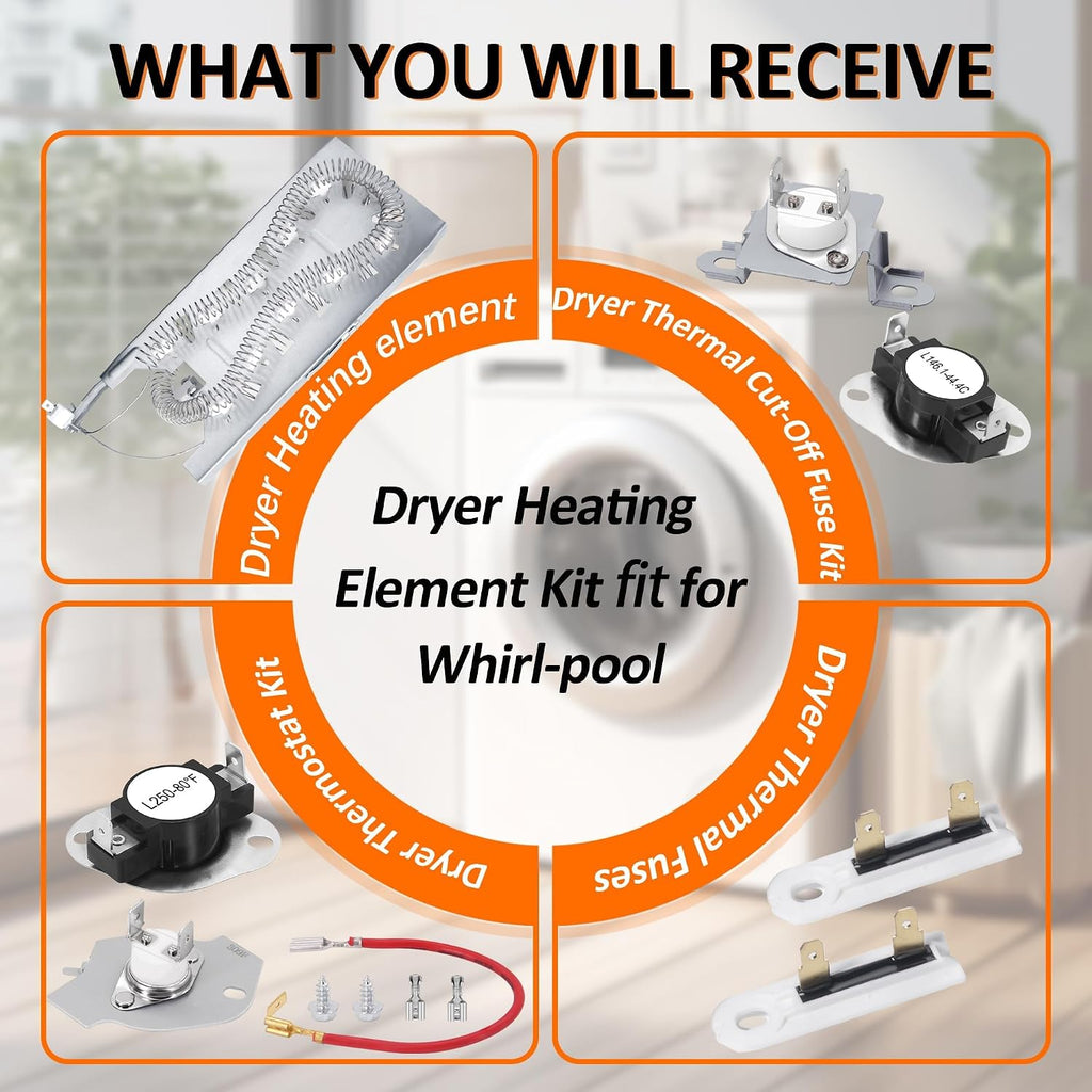 Dryer Heating Element Kit Fit for Whirl-pool Dryers WED5100HC0 WED5100HC1 WED5100HC2 WED5100HC3 WED5100HW0 WED5100HW1 WED5100HW2 WED5100HW3 WED5500BW0 WED5500XL0 WED5500XW0 WED5500XW1 WED5550XW0