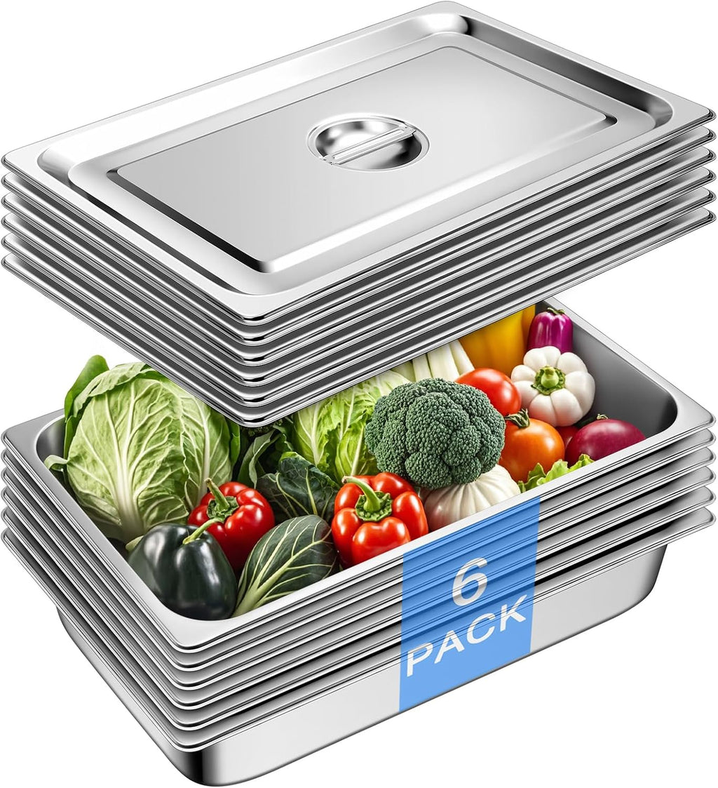 Stainless Steel Hotel Pans With Lids (6 Pack, Full Size 1/1 x 4" Deep)
