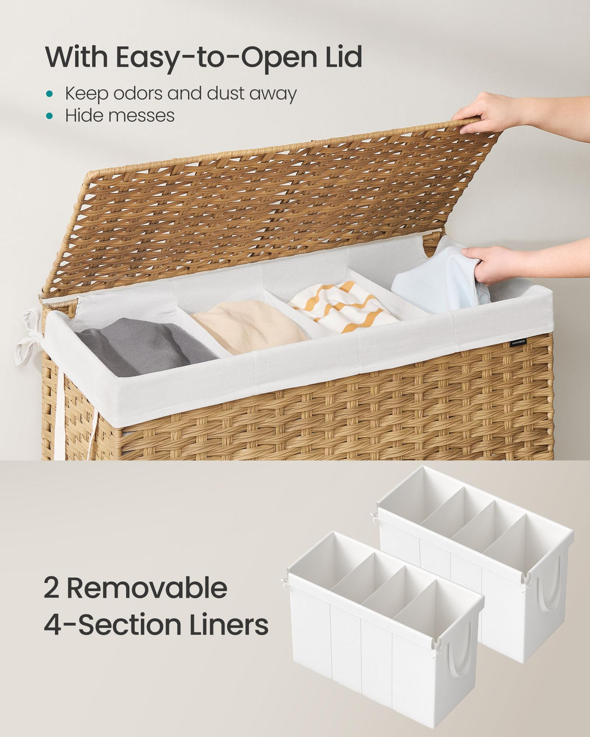 Laundry Hamper with Lid, 200L 4-Section Wicker Basket, 6 Mesh Bags