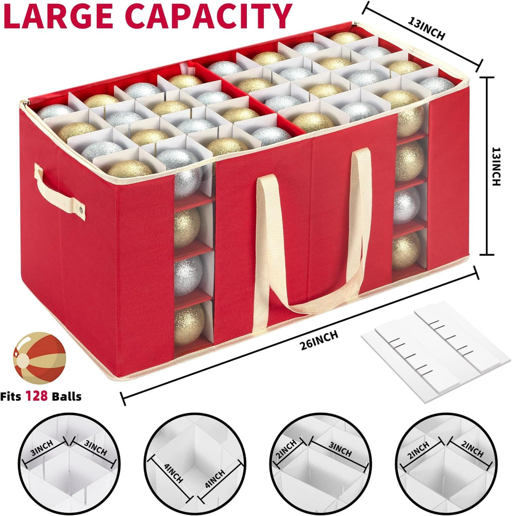 Large Christmas Ornament Storage Box With Adjustable Dividers,Ornament Storage Container with Two Handlesfor 128