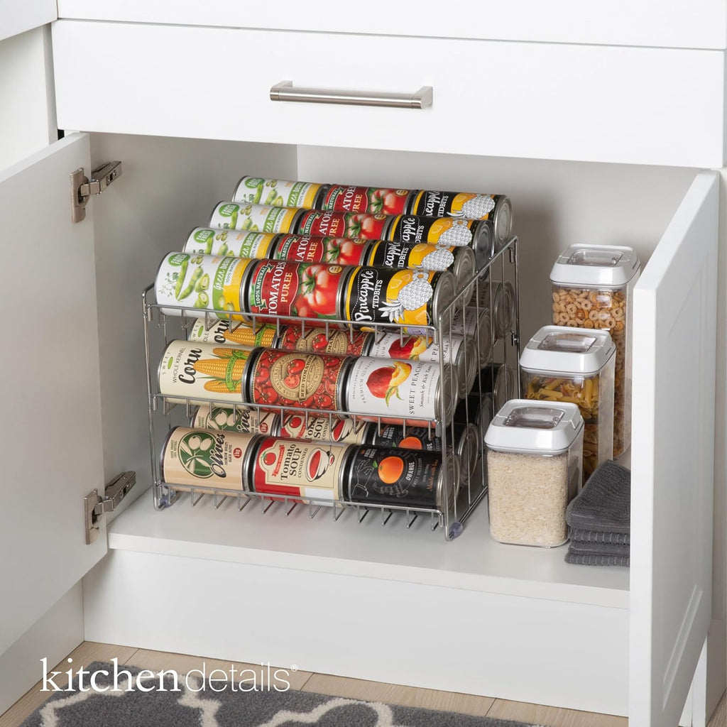 3 Tier Can Organizer | Chrome Steel Canned Food Storage Rack | Holds 36 Cans | Space-Saving Pantry & Cabinet Storage