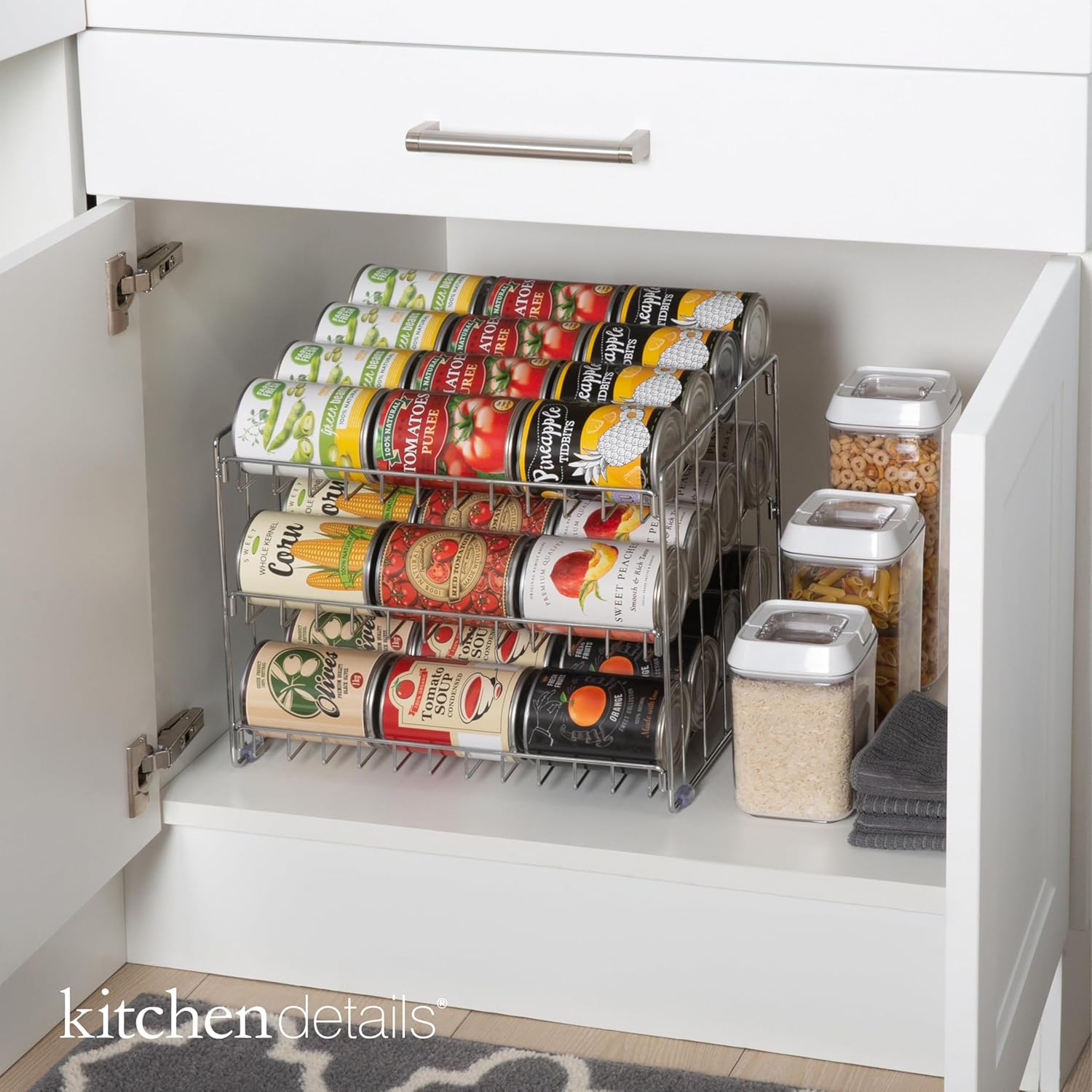 3 Tier Can Organizer | Chrome Steel Canned Food Storage Rack | Holds 36 Cans | Space-Saving Pantry & Cabinet Storage