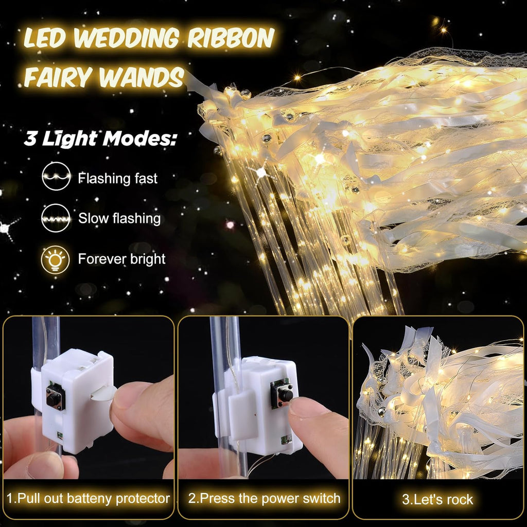 105 PCS Light Up Wedding Wands, LED Fairy Wand, Wands Streamers with 3 Flashing Modes, LED Silk Fairy Wand with
