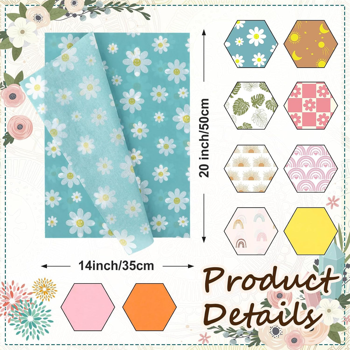 100 Sheets Boho Tissue Paper, Rainbow Flower Pattern, 19.7×13.8 Inch