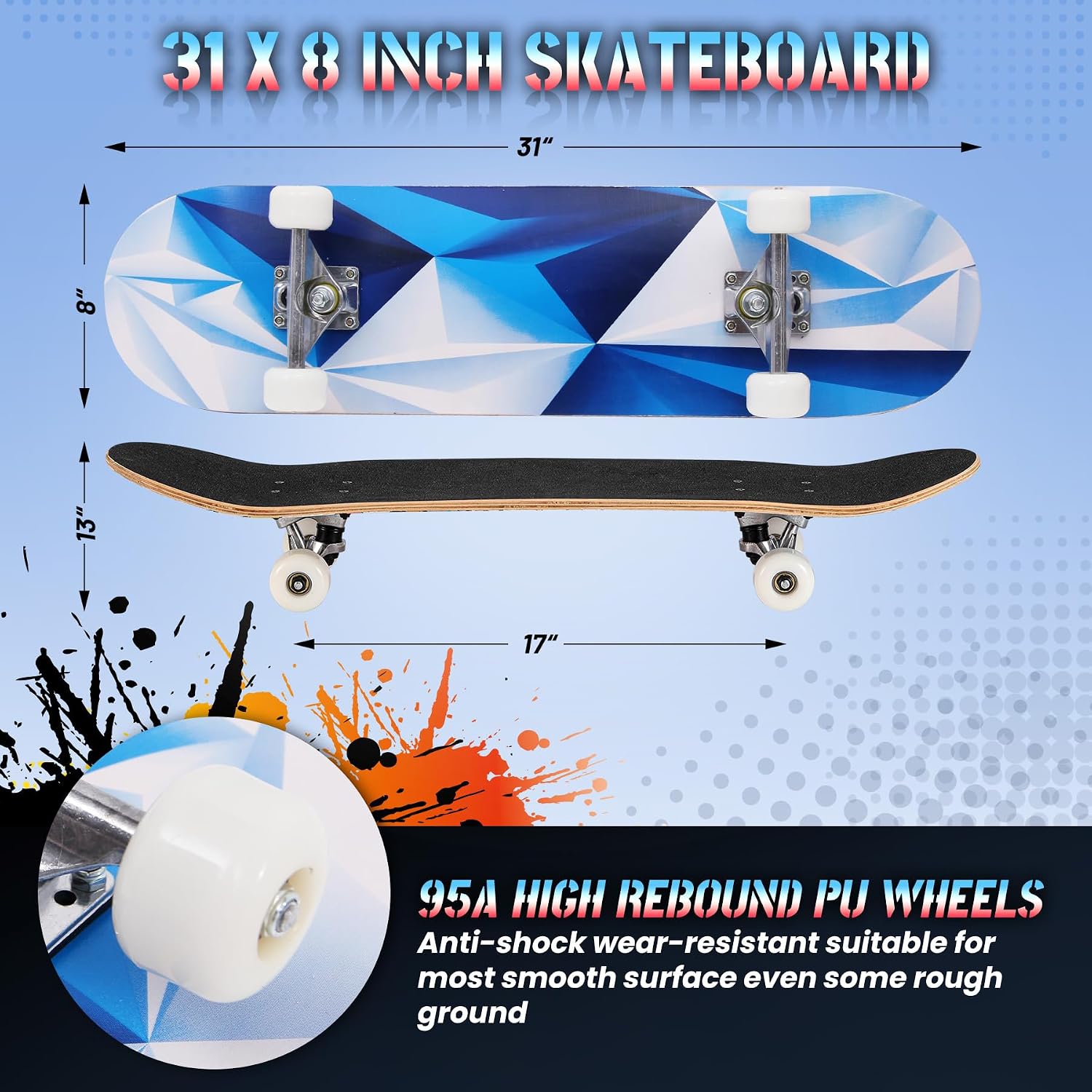Pro Complete Skateboards for Beginners Girls Boys Kids Youths Teens Adults 31"x8" Skate Boards 7 Layers Canadian