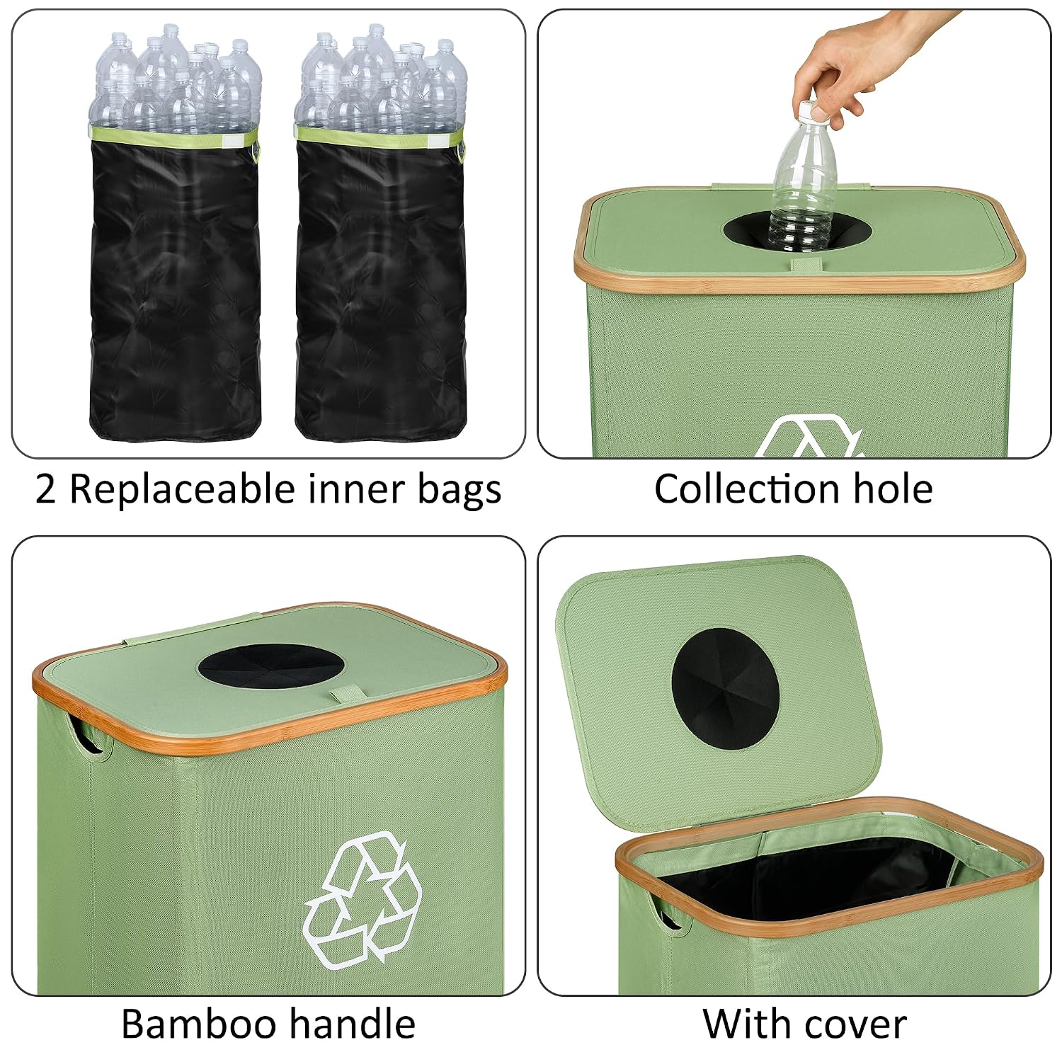 Recycling Bin for Kitchen, 29 Gallon Indoor Recycle Bin with Lid, 110L Fabric Recycling Bin with 2 Removable Reusable