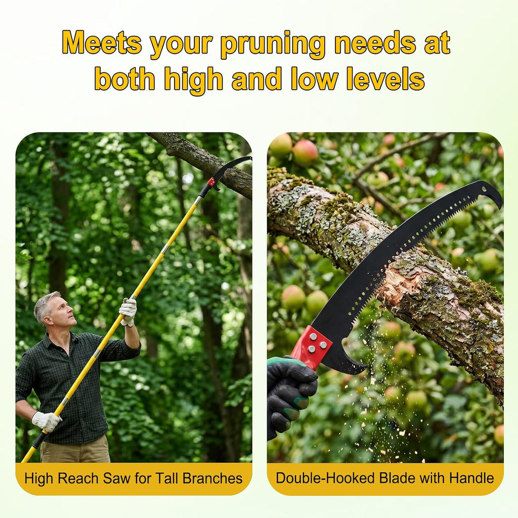 Manual Pole Saw,7.3-27 ft Adjustable Extendable Tree Pruner,High Carbon Steel Double-Hook Blade,Lightweight 8