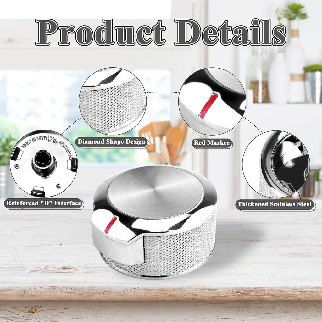 W10823529 Oven Range Control Knob - for Whirlpool KitchenAid Oven Range Stove Knob - Brushed Chrome Stainless Steel Finish - Replaces W11156487 AP6285576 EAP12347719 PS12347719 4546228-4 pcs