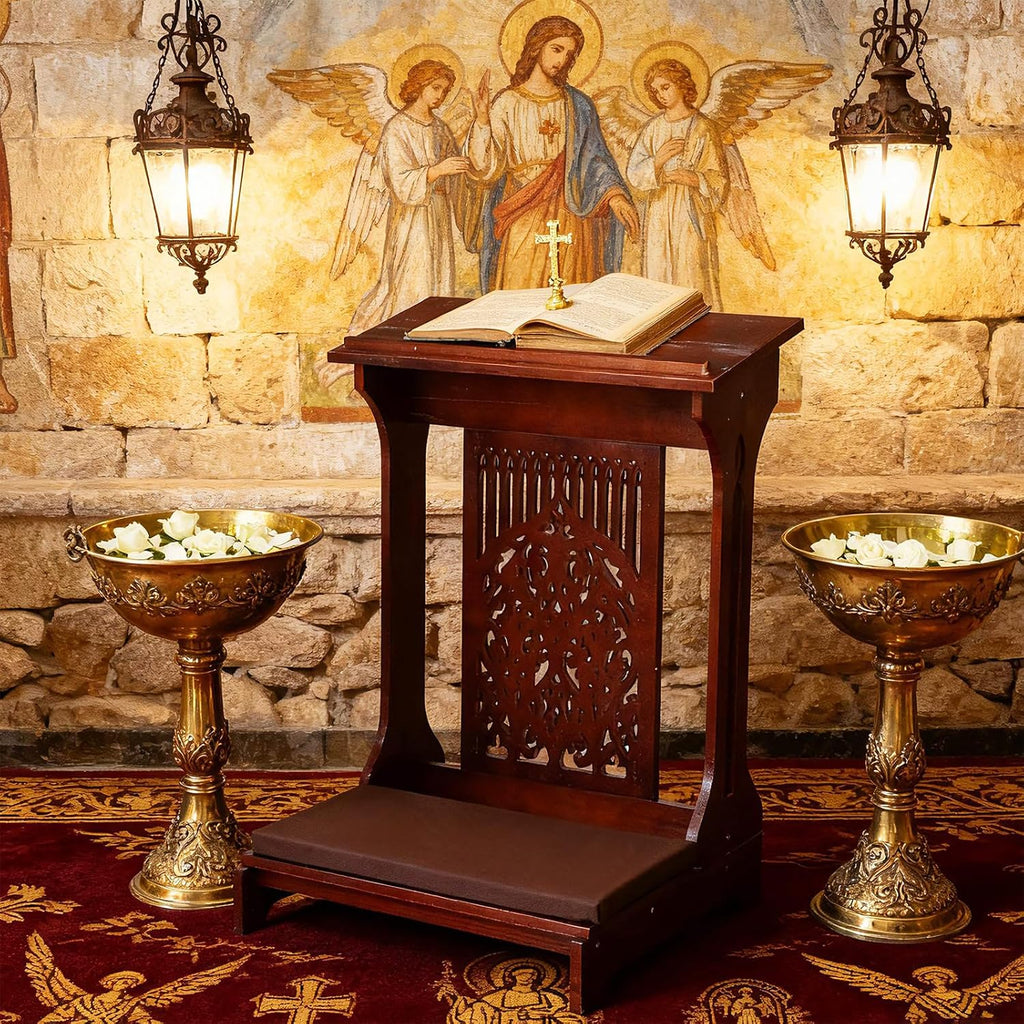 Tree of Life Church Prayer Bench Stool Wooden Padded Kneeler with Shelf and Cushion Prayer Kneeler for Home Church
