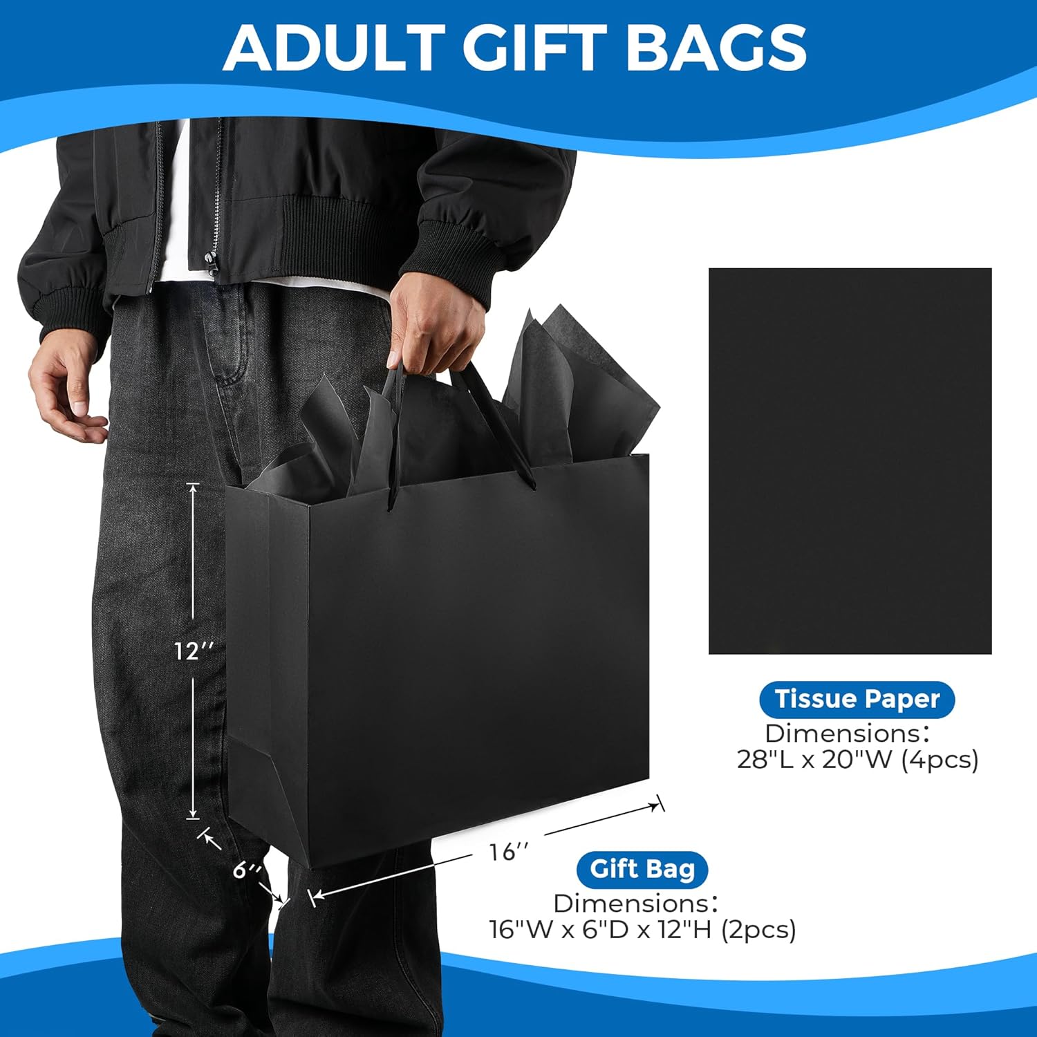 Extra Large Black Gift Bags: 2pcs 16x6x12 Inch Gift Bags With Handle For Birthday Wedding Party Business (With Black