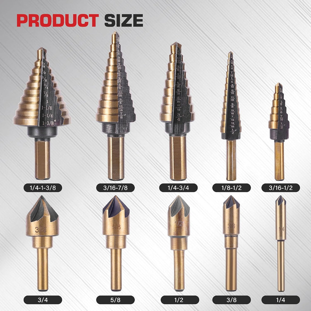 5Pcs Step Drill Bit & 5Pcs Countersink Drill Bit Set