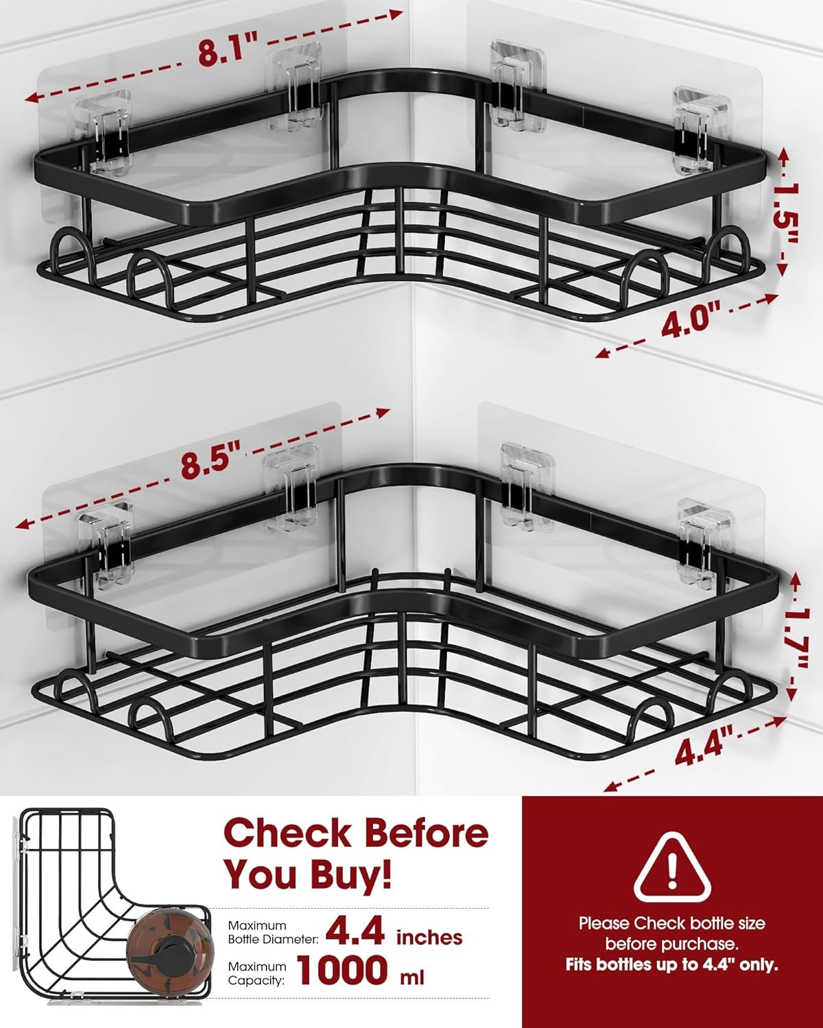 Corner Shower Caddy - 2 Pack, Adhesive Shower Organizers, Rustproof Stainless Steel Shower Shelves with 8 Hooks, No