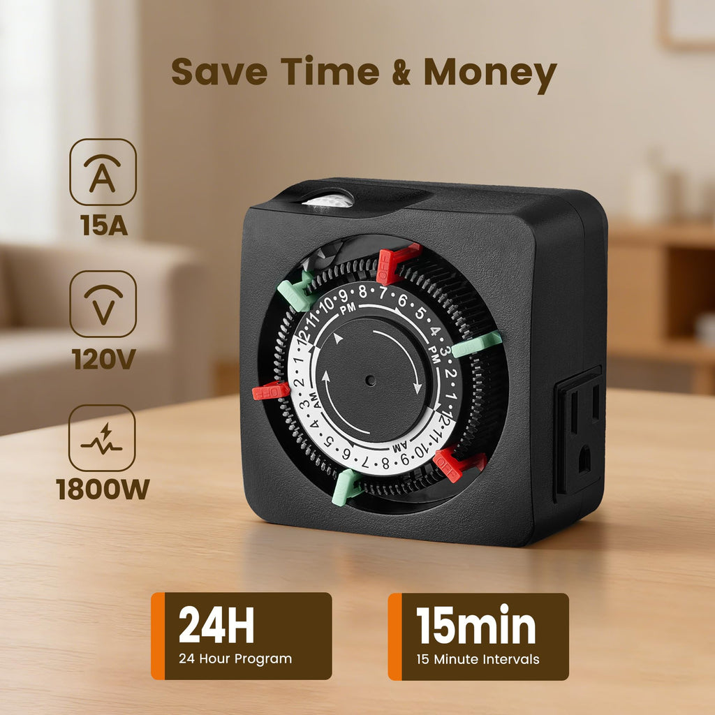 Mechanical Timer with 2 Grounded Outlets Indoor, 24-Hour