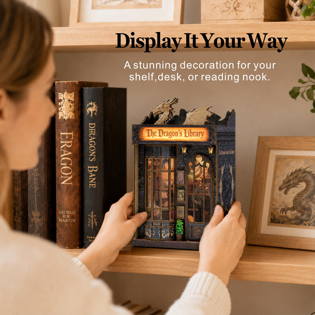 Dragon Library Book Nook Kit, DIY Dollhouse Booknook Bookshelf Decor