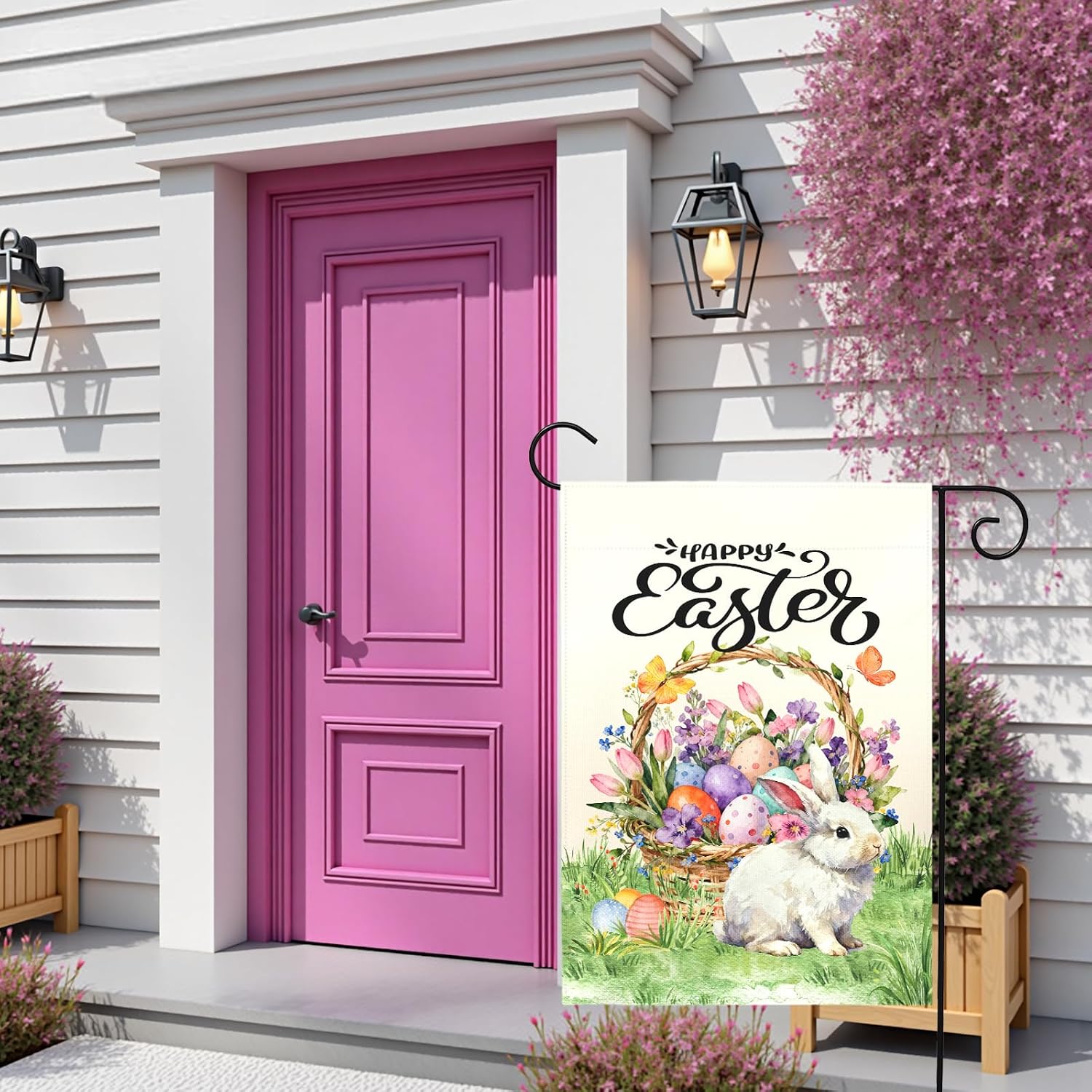 Happy Easter Garden Flag with Bunny Basket Spring Tulips Wildflowers Eggs Cute Rabbit Yard Flags Double Sided Welcome