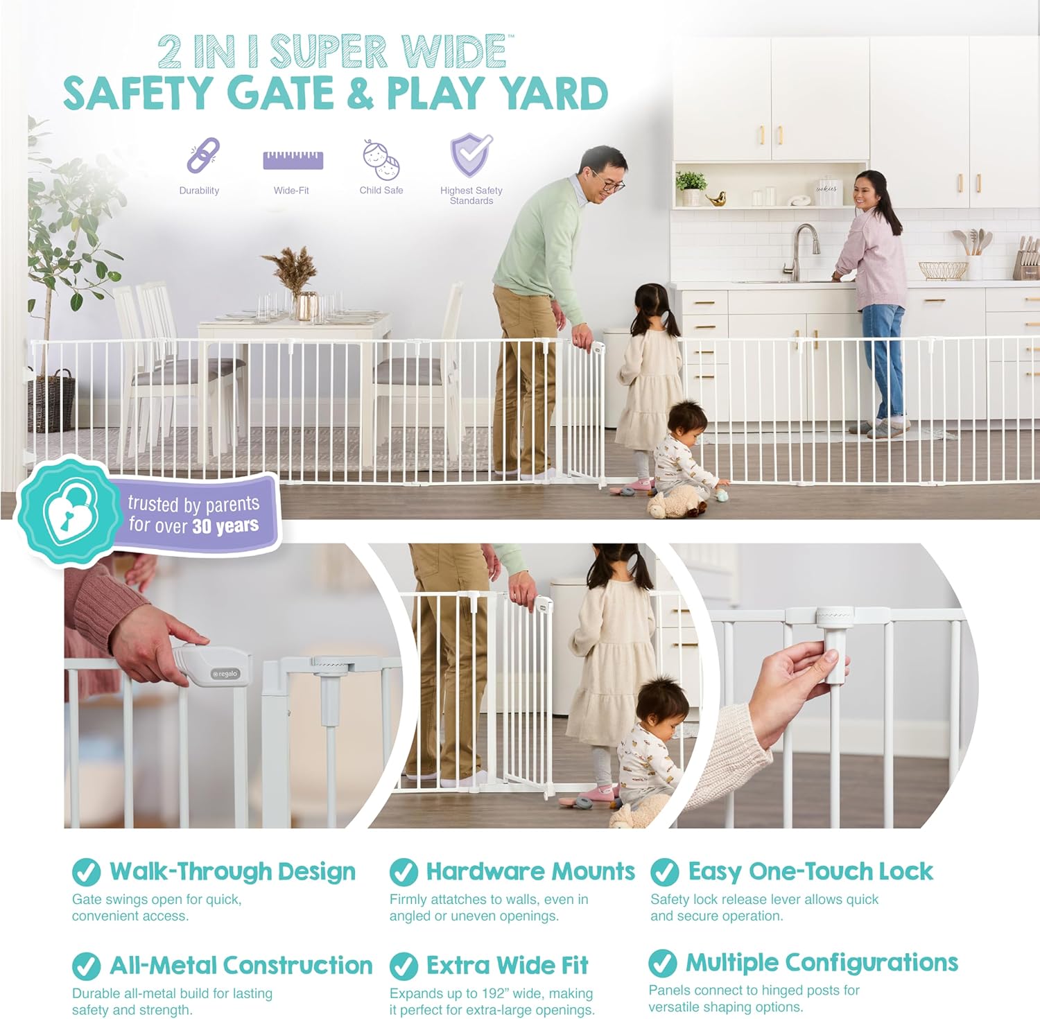 Safety 192" Super Wide Baby Gate & Play Yard, 2-in-1 Convertible Extra Wide Safety Barrier, Hardware Mounted for