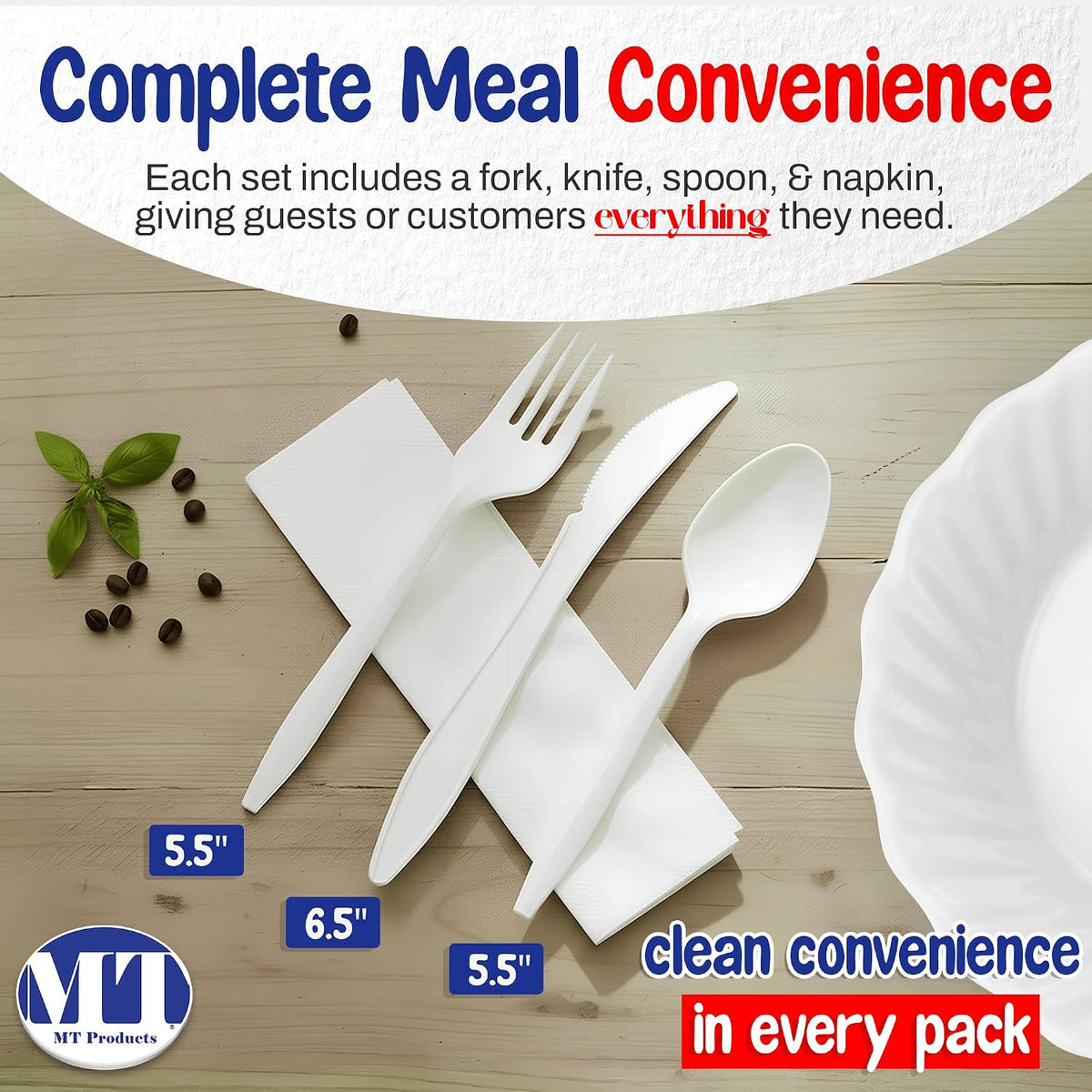 White Individually Wrapped Cutlery Plastic Utensils - Disposable Silverware Set - Pack of 50