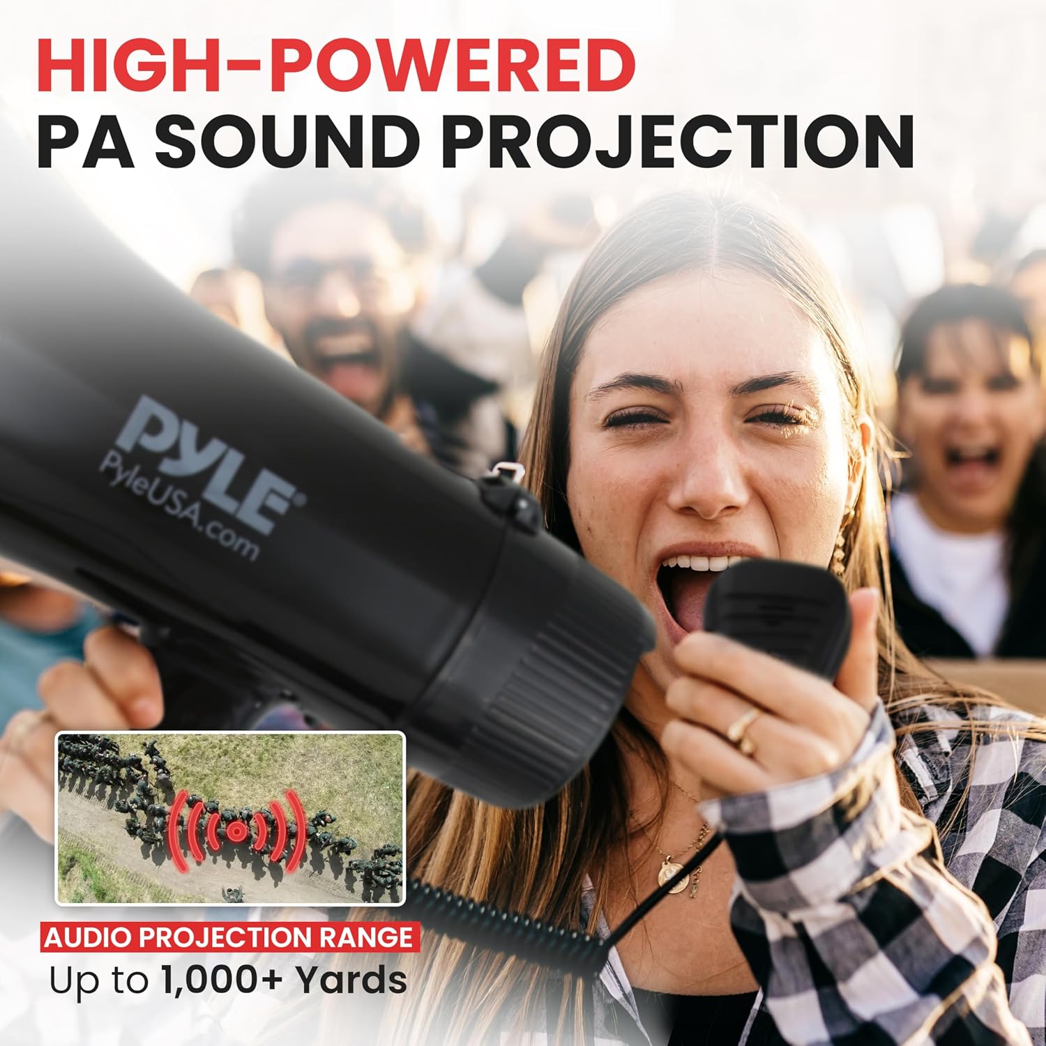 40W Megaphone Bullhorn with 1400-Yard Range, Built-in Siren & Adjustable Volume, Ergonomic Pistol Grip, Detachable