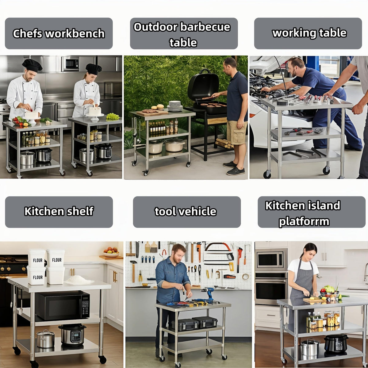 Stainless Steel Table with Wheels for Food Preparation and Work, Multi-Size Optional, Three-Layer Variable Two-Layer