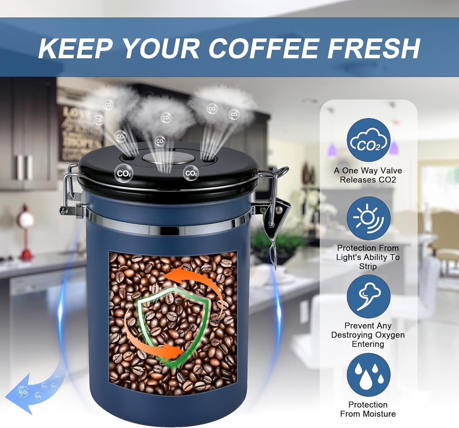 1800ML Airtight Coffee Canister with Date Tracker&Transparent Window, 22.8OZ Coffe Beans Storage with 30ML Measure