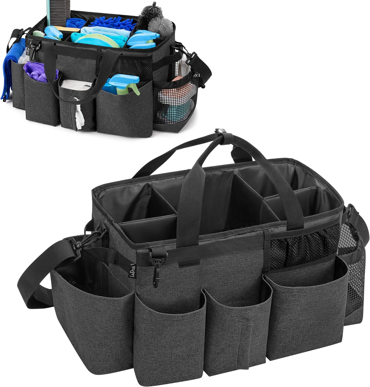 Wearable Cleaning Caddy Bag with 4 Foldable Dividers, Cleaning Supply Organizer with Shoulder Strap and Side Handles
