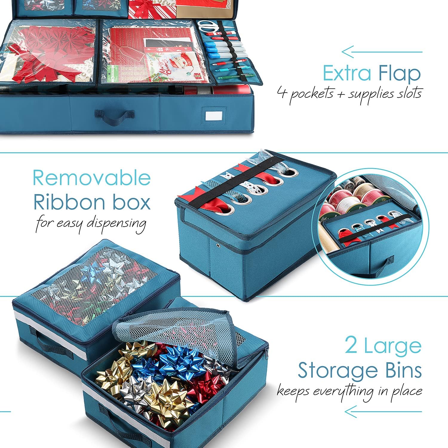 Wrapping Paper Storage Container with Ribbon Dispenser and Interior Pockets - Large Christmas Storage Containers with