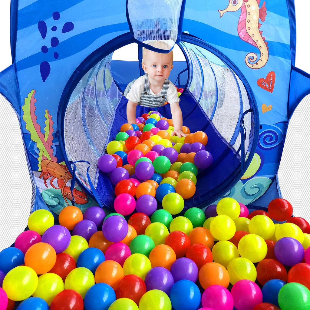 3 in 1 Kids Play Tent with Tunnel, Ball Pit, Basketball Hoop for Boys & Girls, Toddler Pop Up Playhouse Toy Baby
